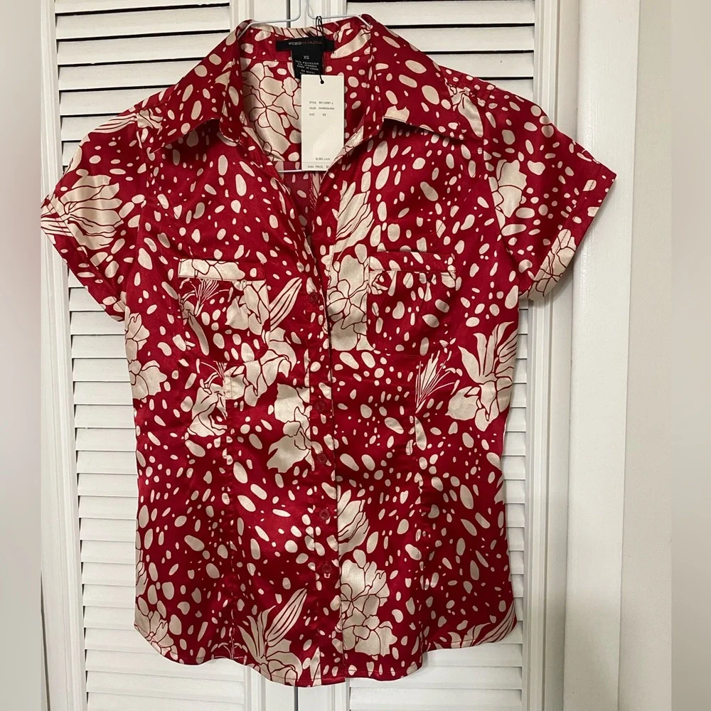 BCBGMaxAzria Red and Cream Button Down Shirt - Picture 4 of 14